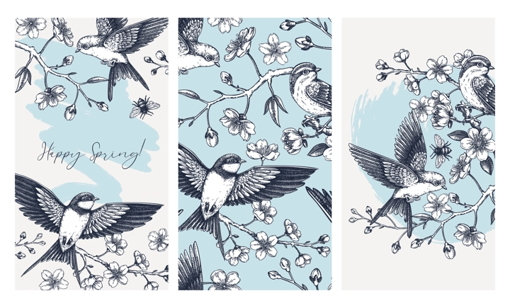Hand drawn spring social media template. Cherry blossom and flying birds sketch illustration. Web design. NOT AI generated